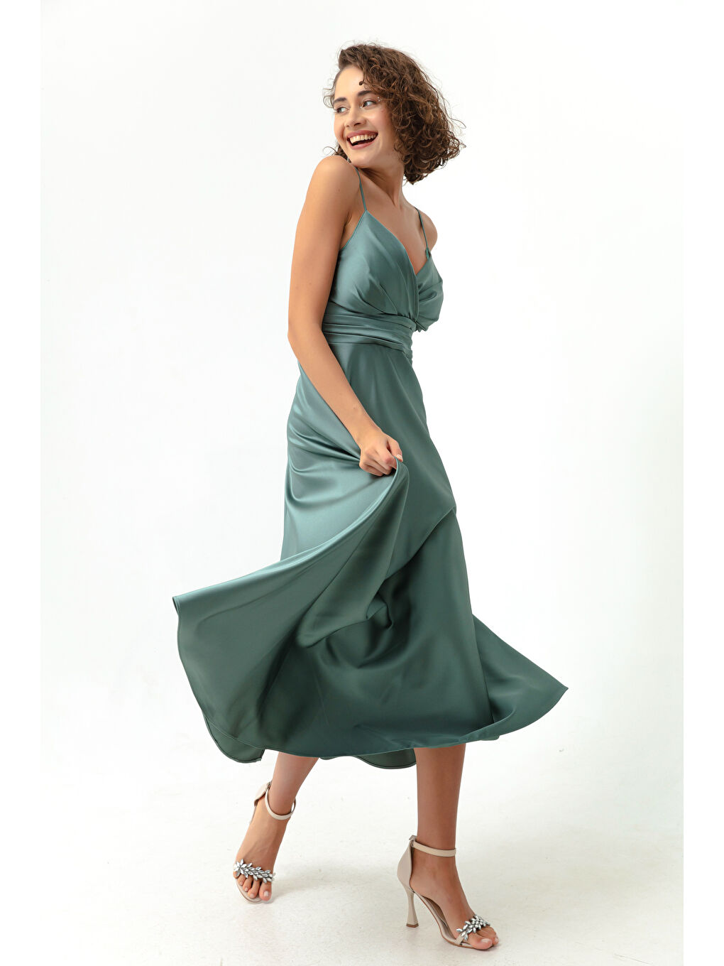 Mavi Kadın Firuze İp Askılı Bel Kemerli Saten Midi Abiye & Mezuniyet Elbisesi-1