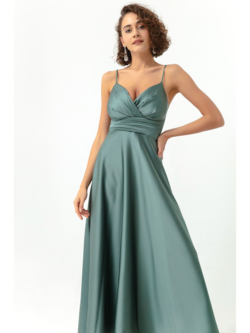 Mavi Kadın Firuze İp Askılı Bel Kemerli Saten Midi Abiye & Mezuniyet Elbisesi-2