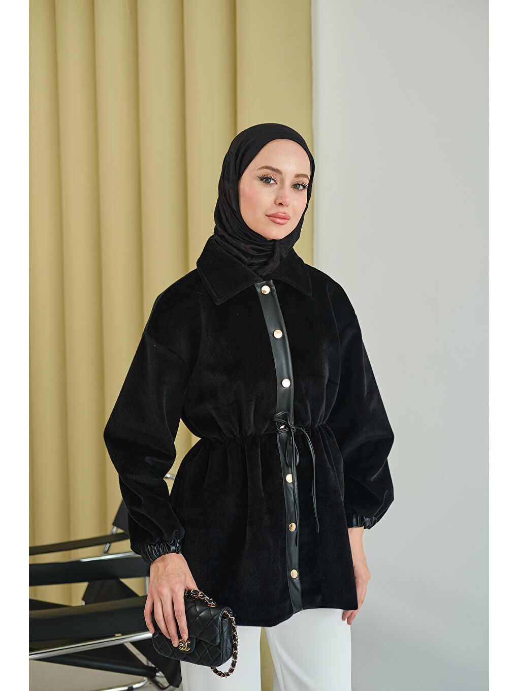 Kadın Beli Ayarlanabilir Gömlek Yaka Angora Ceket Siyah-2