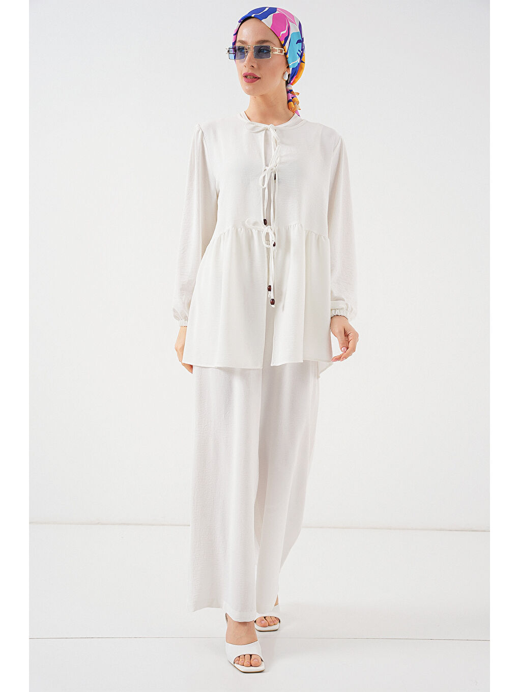 Kadın Önü Bağcıklı Tunik Pantolon İkili Takım 6744 - Beyaz-1