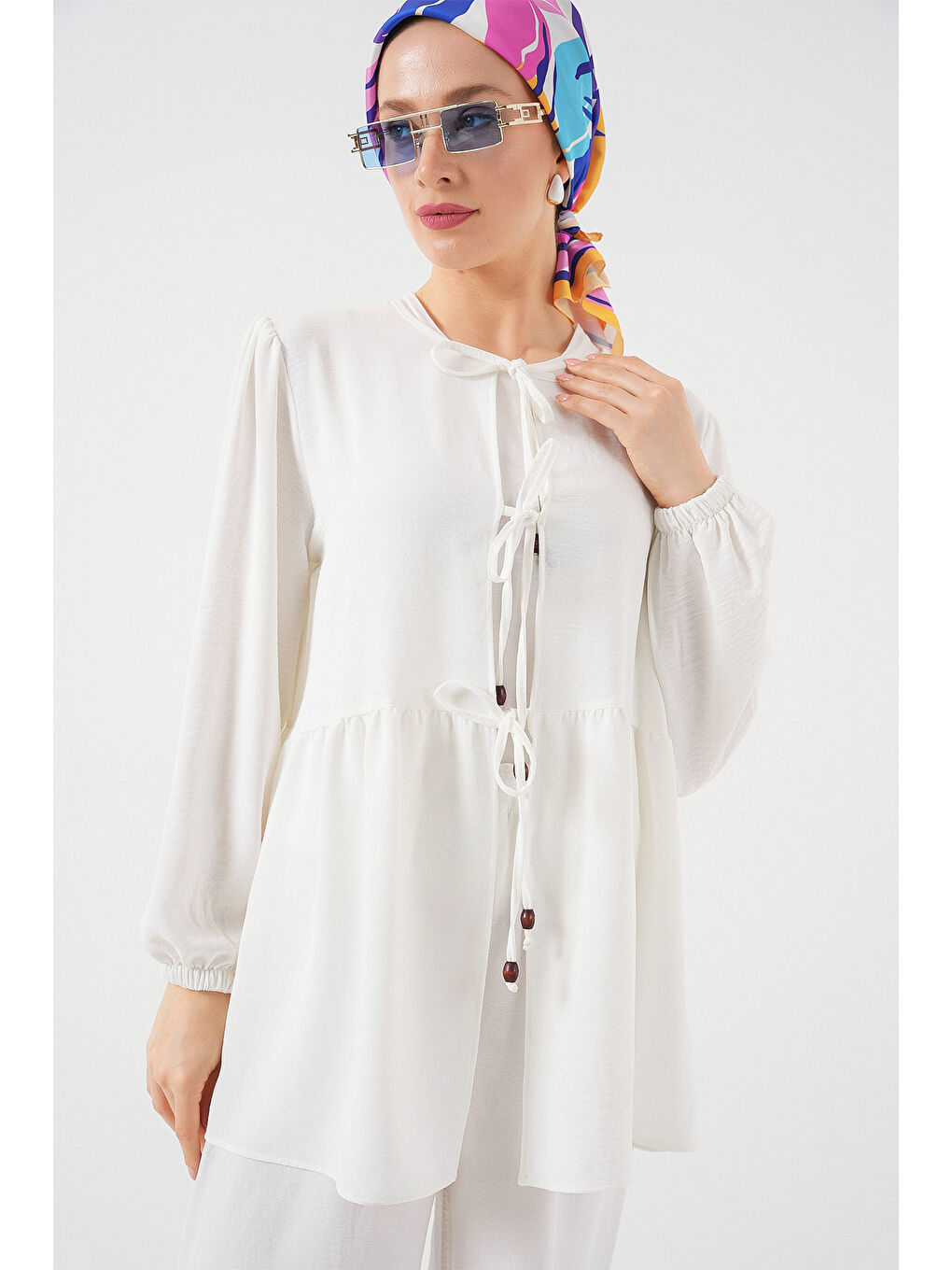 Kadın Önü Bağcıklı Tunik Pantolon İkili Takım 6744 - Beyaz-2