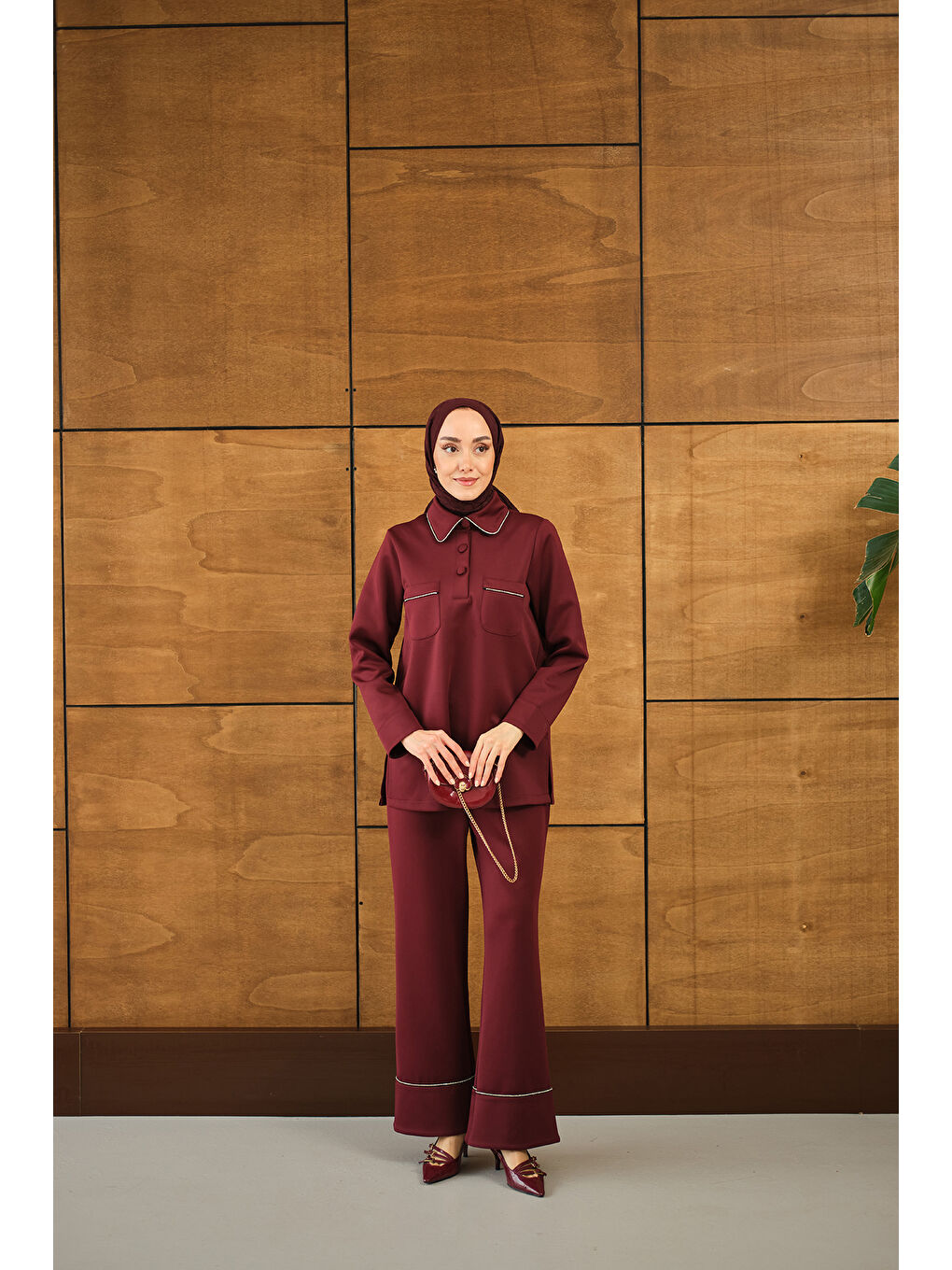 Kadın Taş Detay Cepli Takım Bordo-1