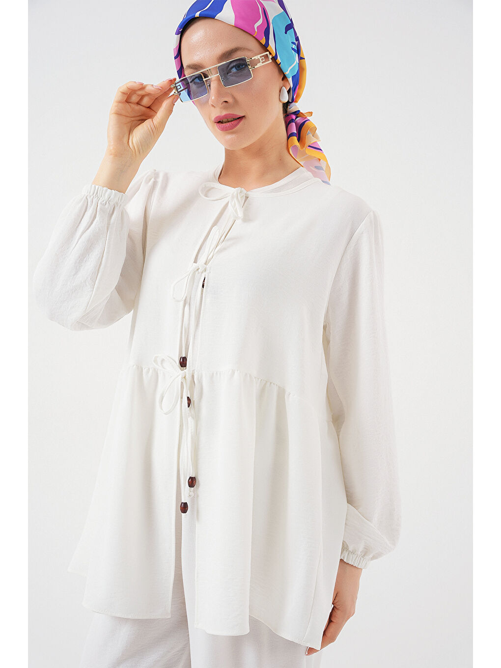 Kadın Önü Bağcıklı Tunik Pantolon İkili Takım 6744 - Beyaz-4