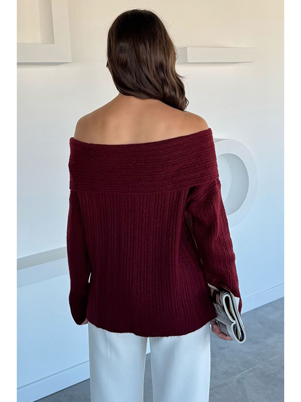 Bordo Kadın Madonna Yaka Kendinden Çizgi Desenli Triko Bluz-3