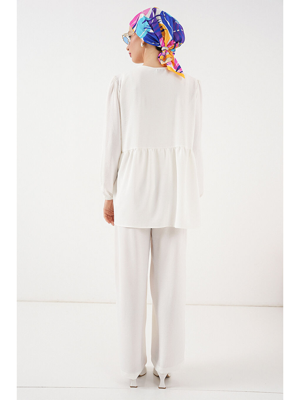 Kadın Önü Bağcıklı Tunik Pantolon İkili Takım 6744 - Beyaz-5