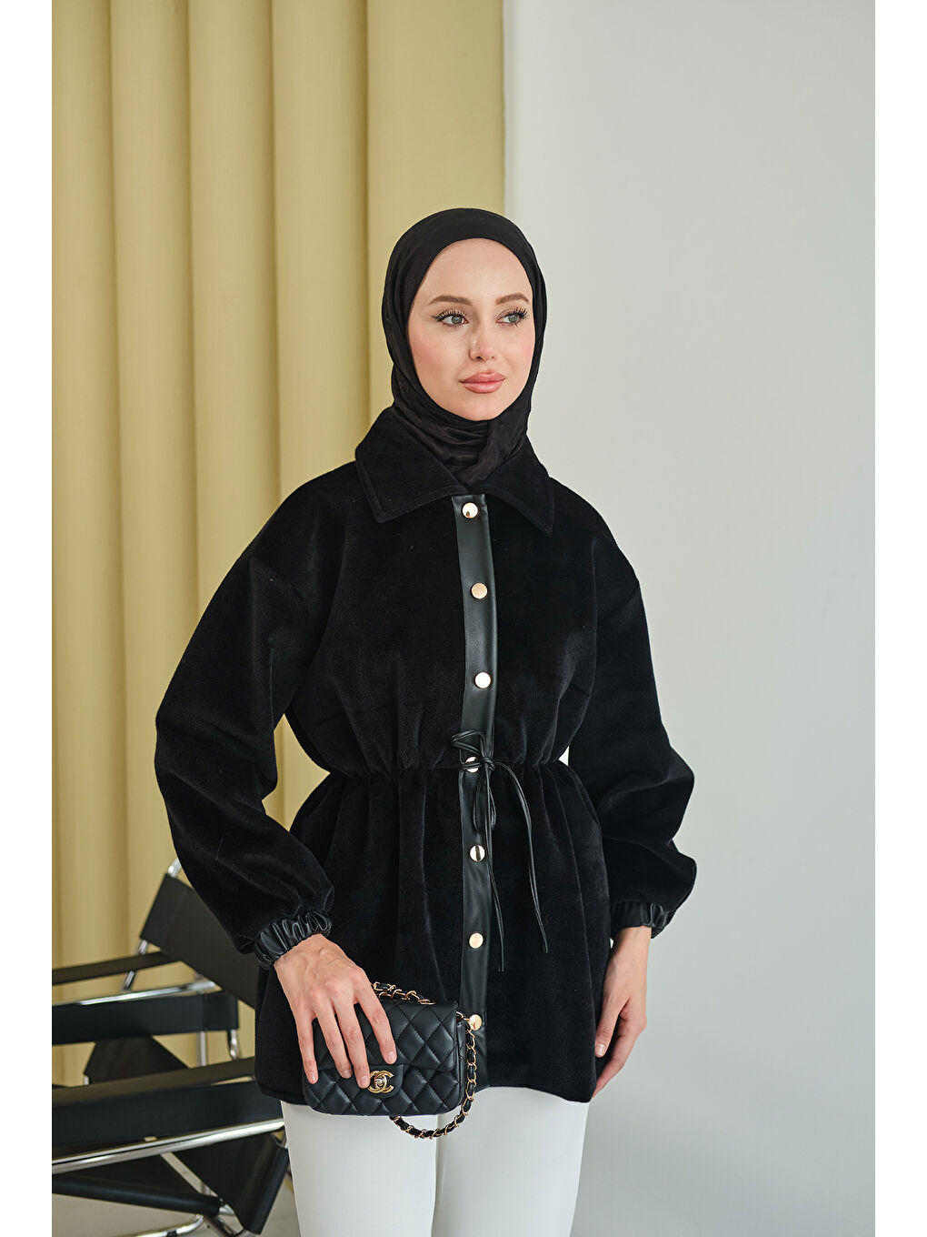 Kadın Beli Ayarlanabilir Gömlek Yaka Angora Ceket Siyah-3