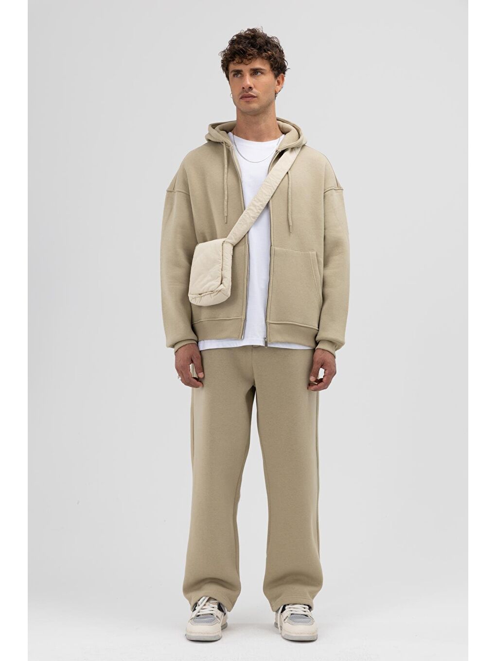 Basic Fermuarlı Oversize Kapüşonlu Sweatshirt Haki