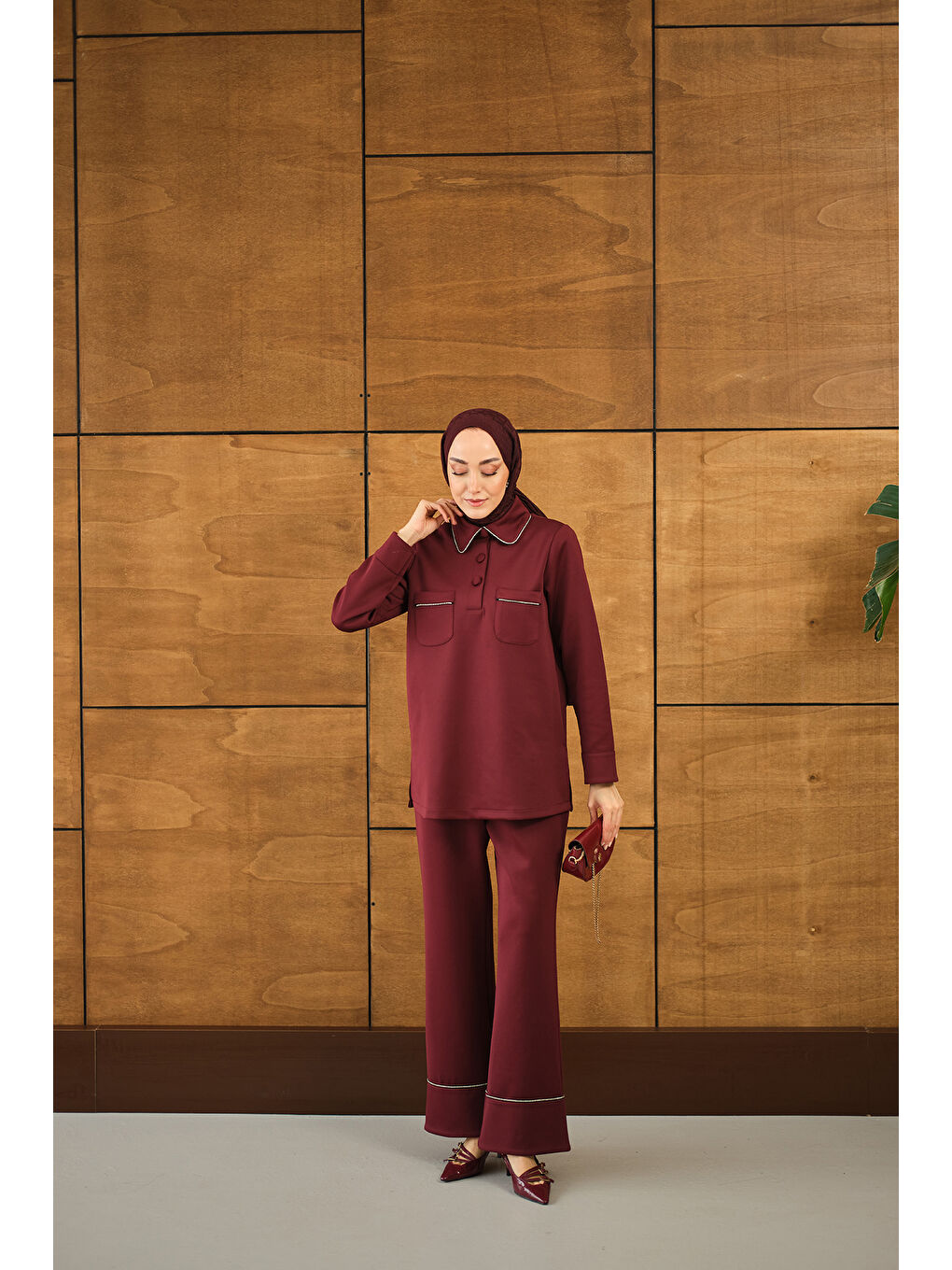 Kadın Taş Detay Cepli Takım Bordo-2