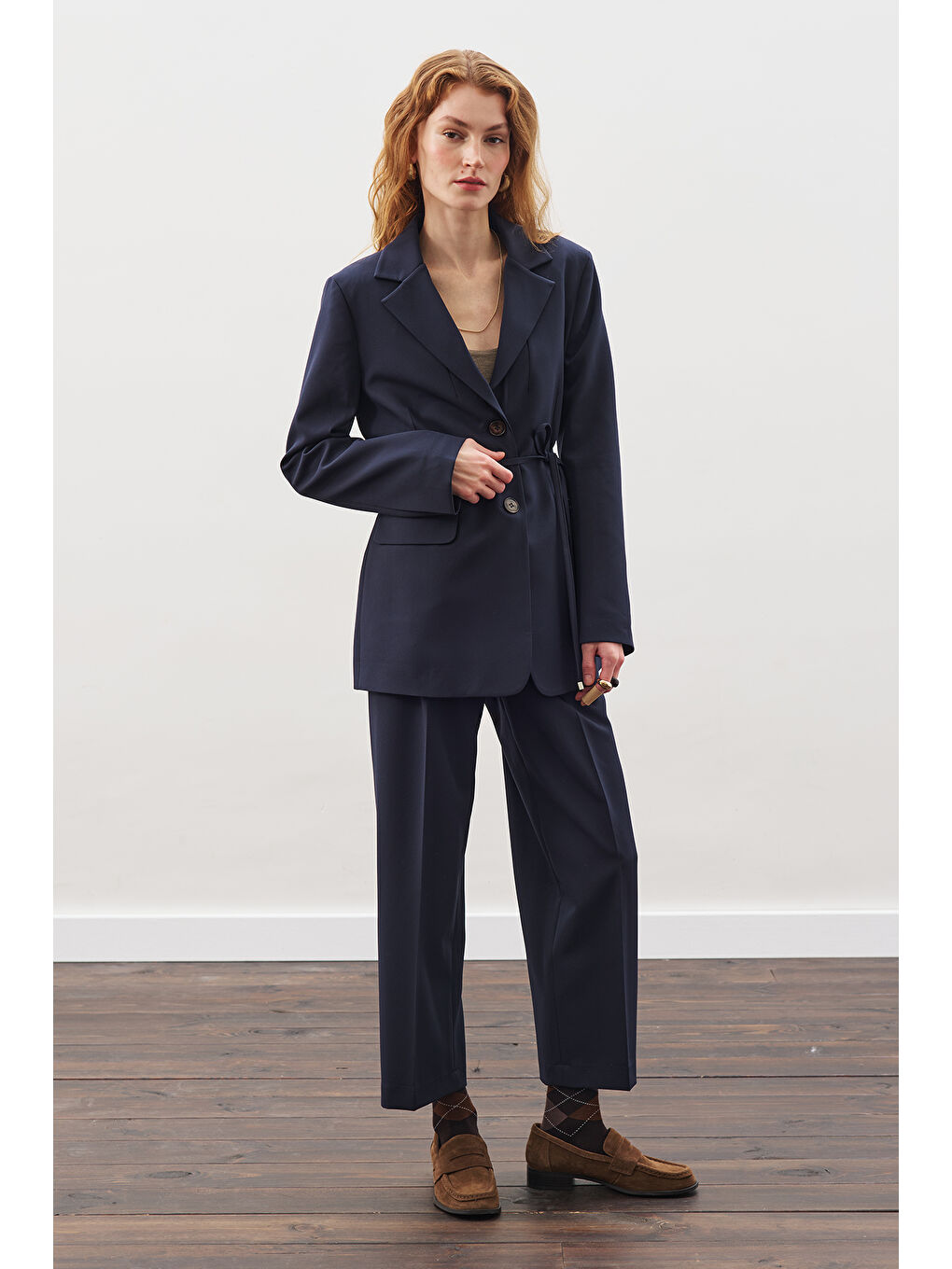 Kuşaklı Tek Düğmeli Blazer Ceket Lacivert-1