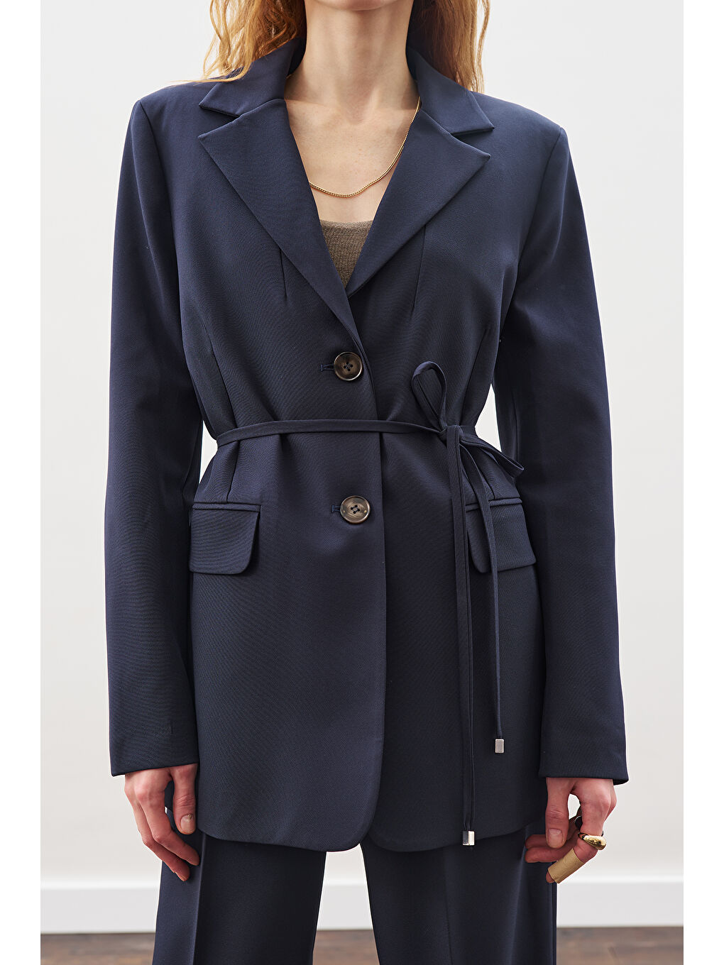 Kuşaklı Tek Düğmeli Blazer Ceket Lacivert-2