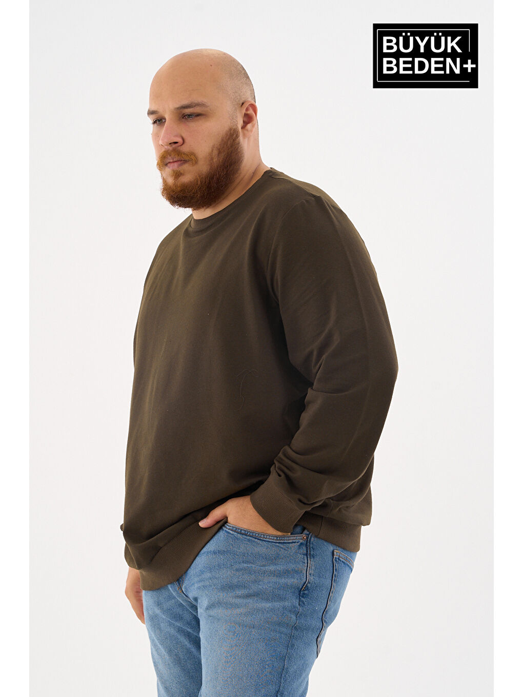 Haki Erkek Büyük Beden Bisiklet Yaka ince Sweatshirt SPR24BSW56-2