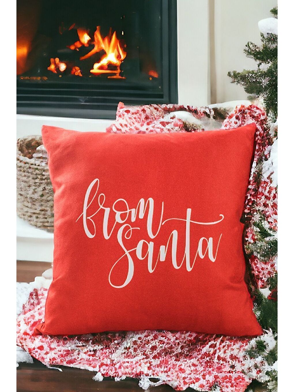Yılbaşı Temalı "from santa" Beyaz Yazı Baskılı Kırlent Kılıfı - Kırmızı 43x43