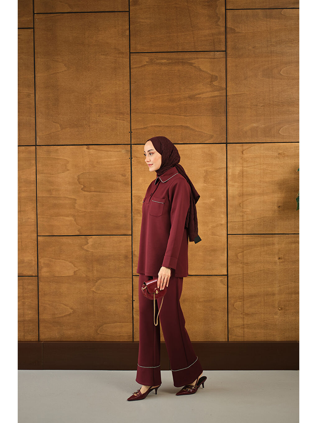Kadın Taş Detay Cepli Takım Bordo-3