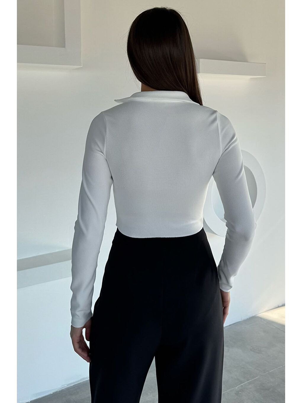 Ekru Çift Fermuarlı Crop Top Kadın Bluz-3