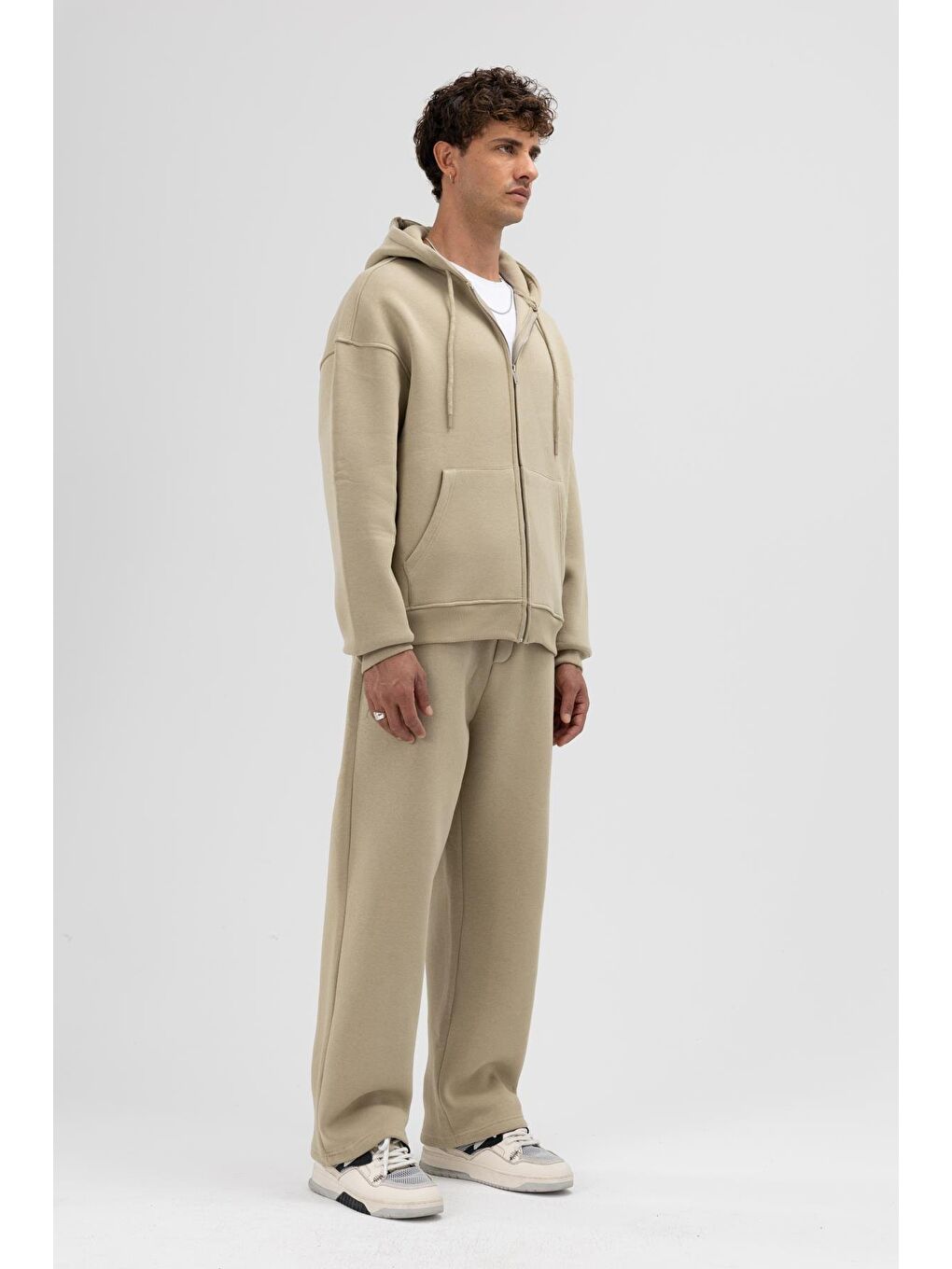 Basic Fermuarlı Oversize Kapüşonlu Sweatshirt Haki-3