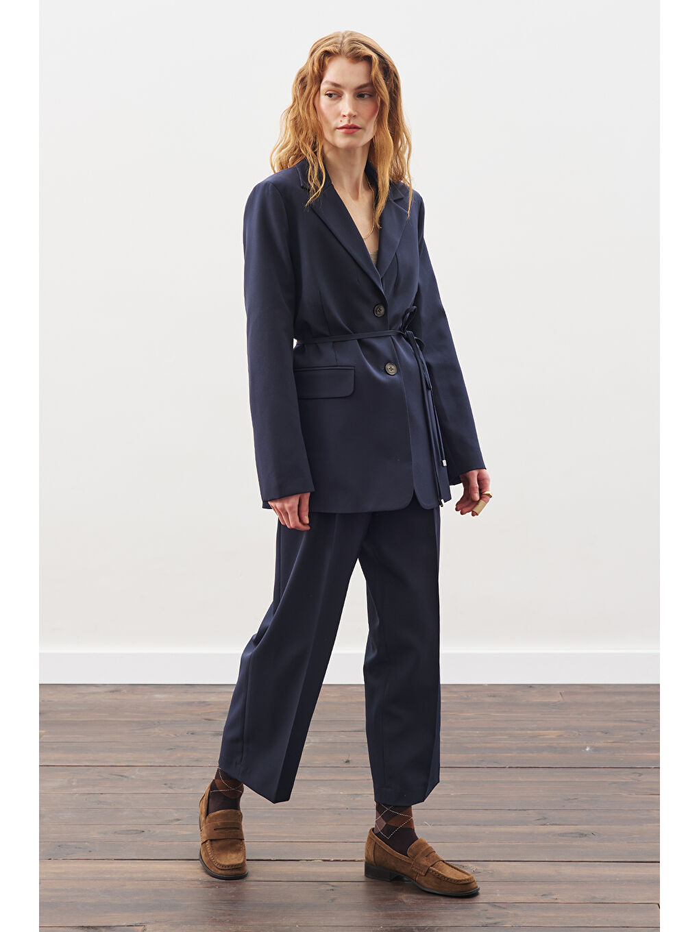 Kuşaklı Tek Düğmeli Blazer Ceket Lacivert-4