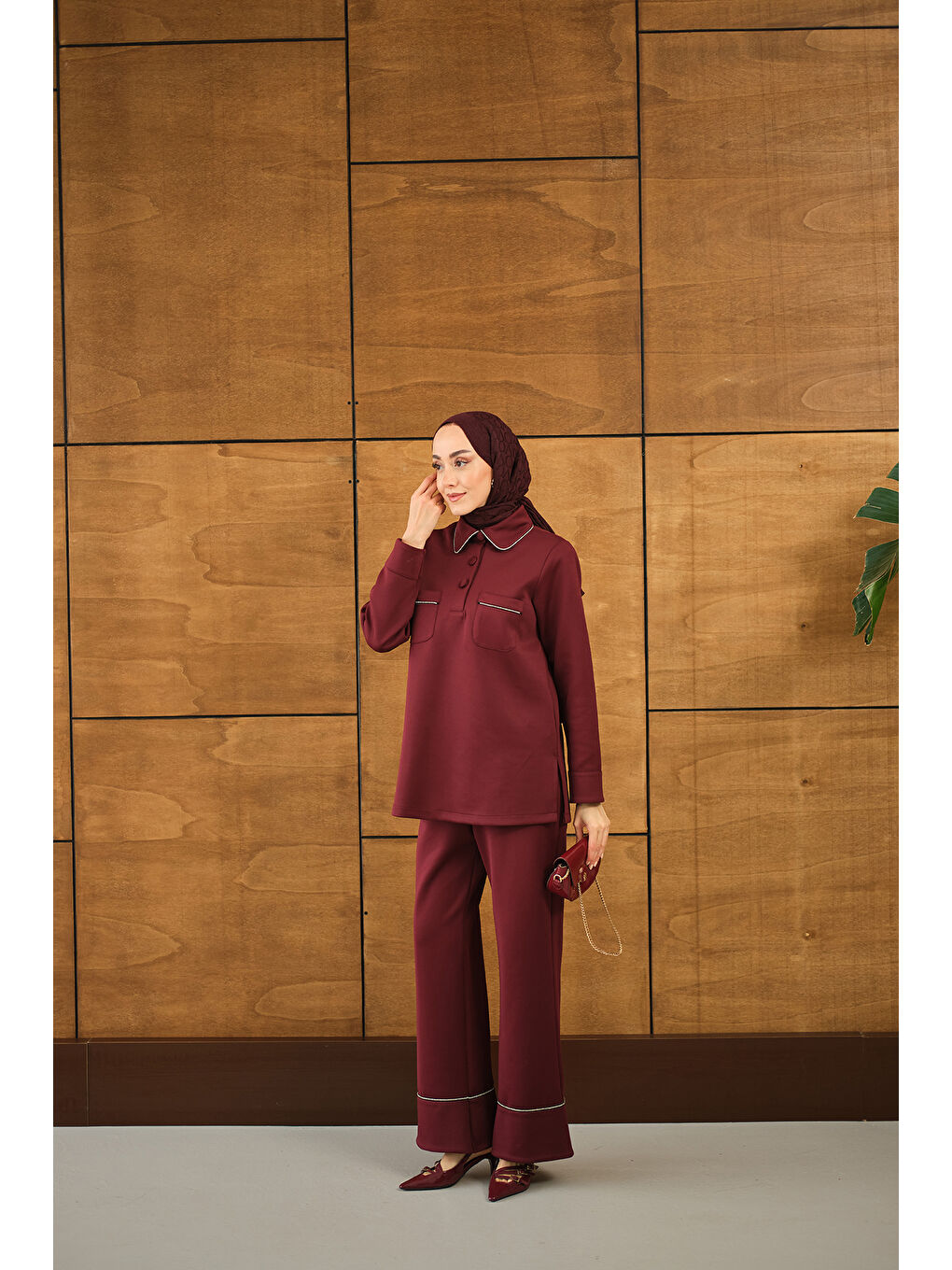 Kadın Taş Detay Cepli Takım Bordo-4
