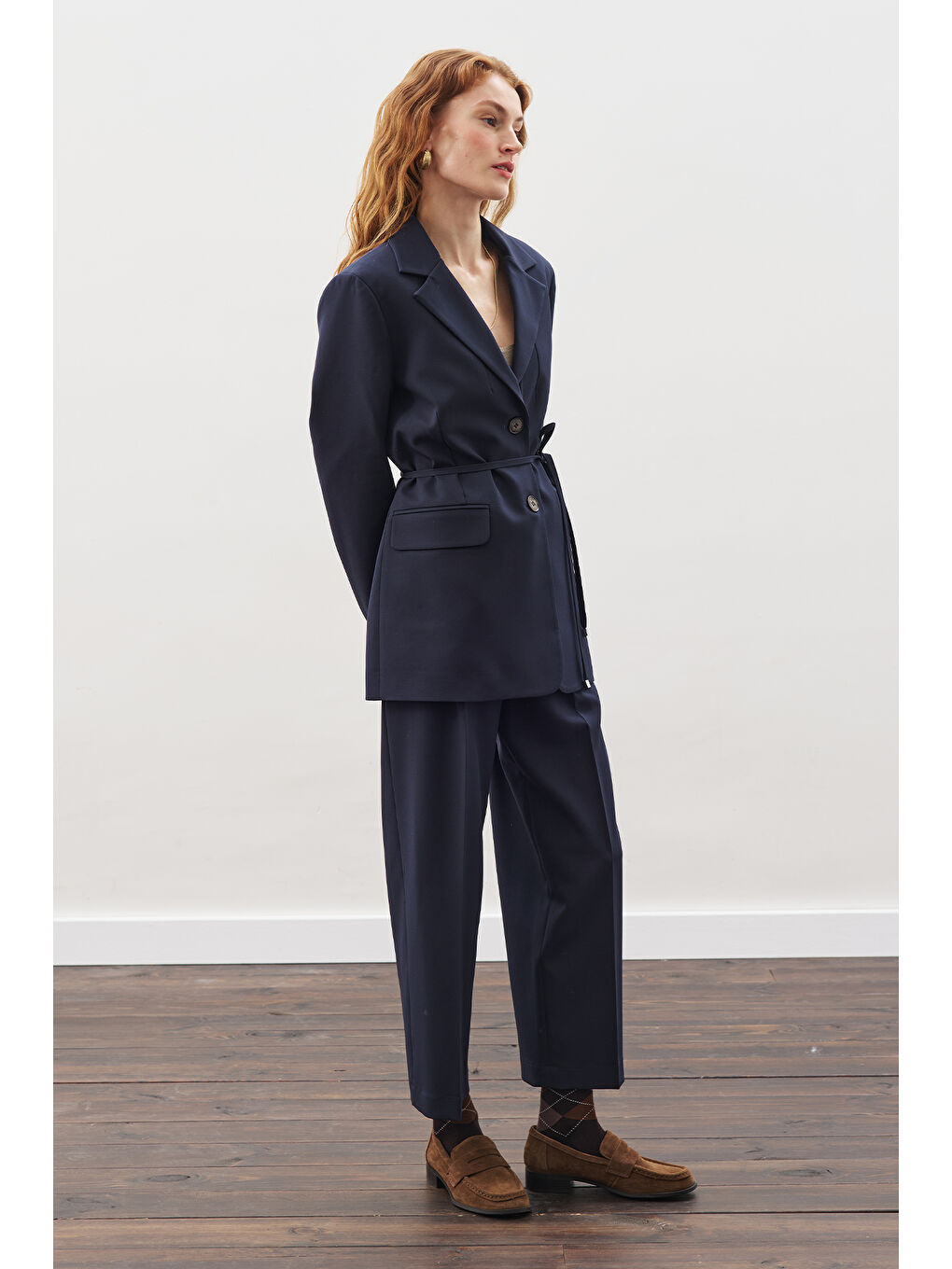 Kuşaklı Tek Düğmeli Blazer Ceket Lacivert-5