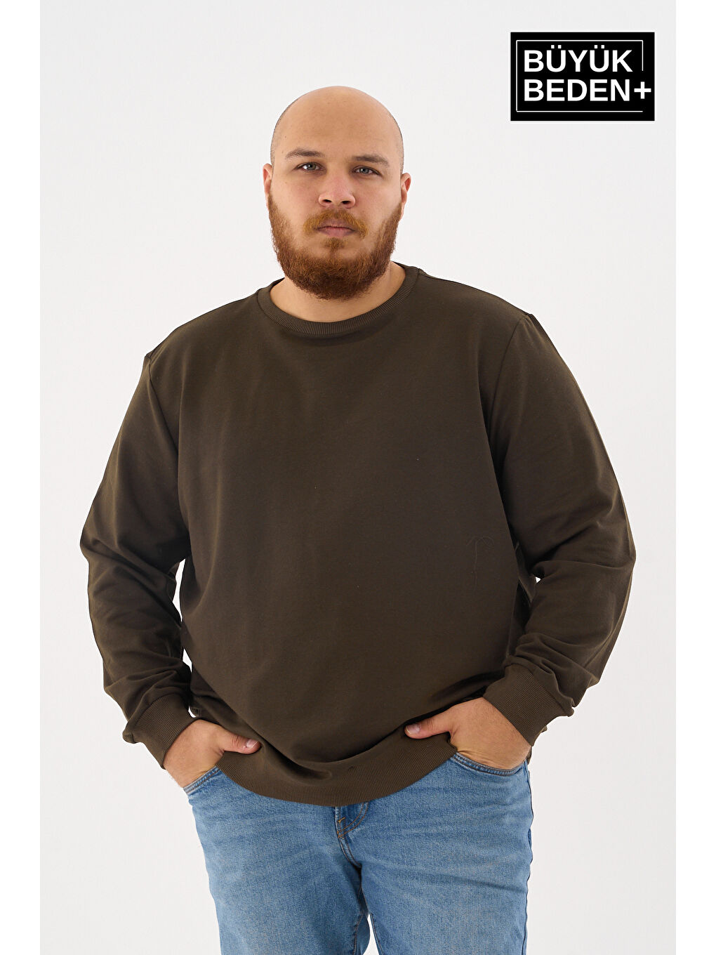 Haki Erkek Büyük Beden Bisiklet Yaka ince Sweatshirt SPR24BSW56-3