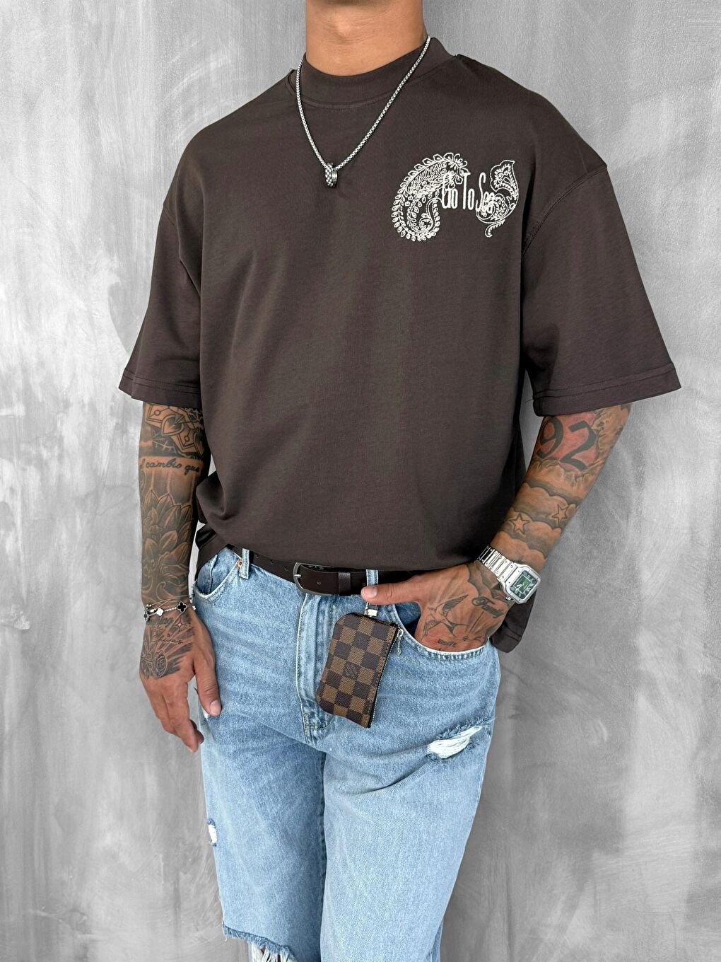Kahverengi Erkek Yelken Desenli Nakışlı Oversize T-Shirt Kahve