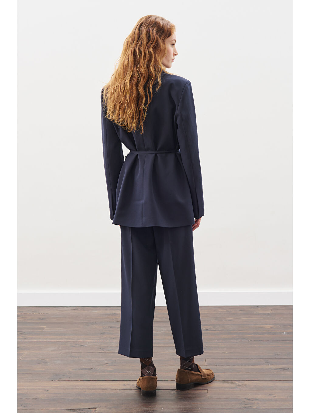 Kuşaklı Tek Düğmeli Blazer Ceket Lacivert-6