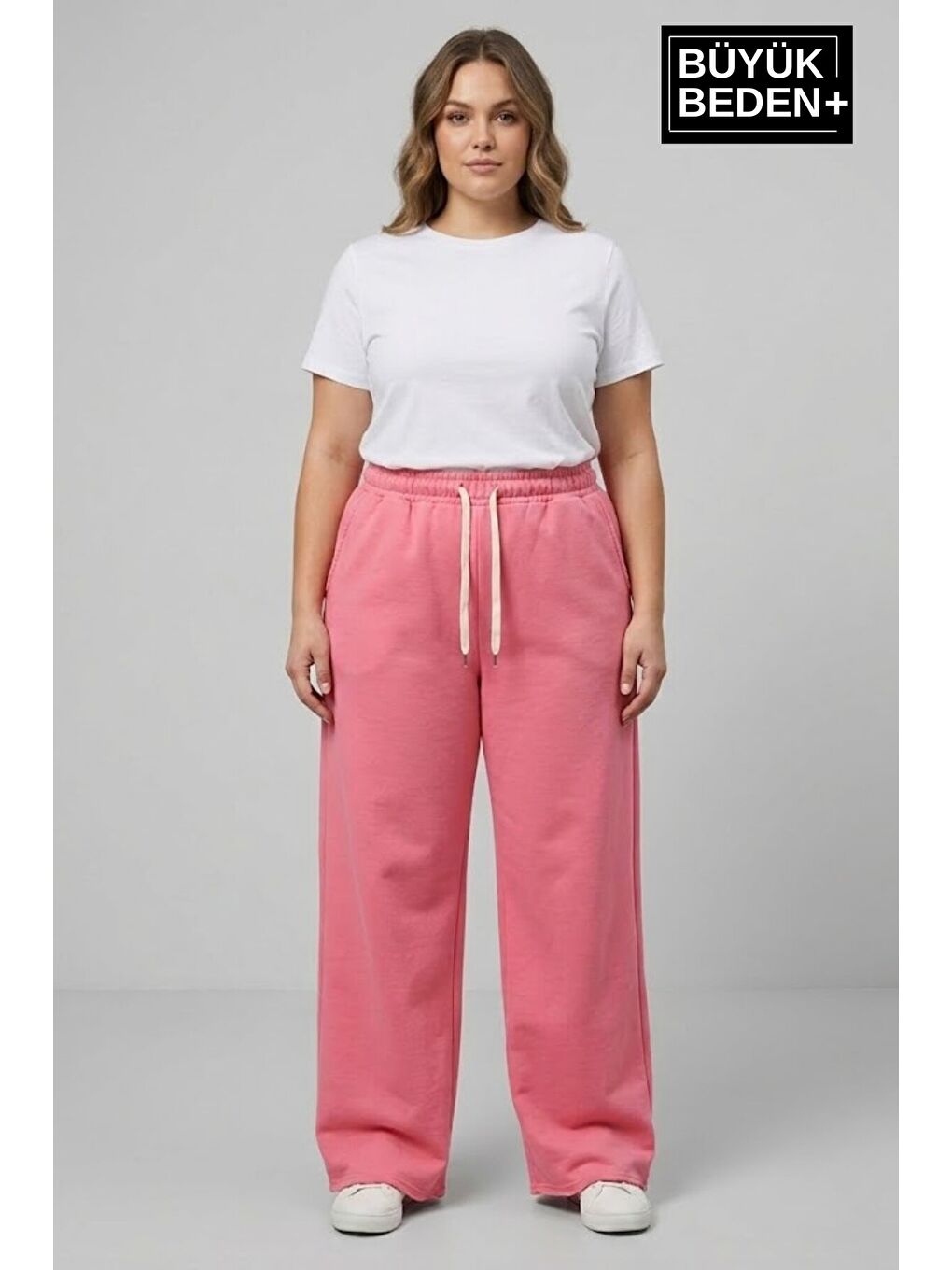 Pembe Kadın Büyük Beden Bol Paça Yüksek Bel Lastikli Salaş Eşofman Altı SPR26BEA988