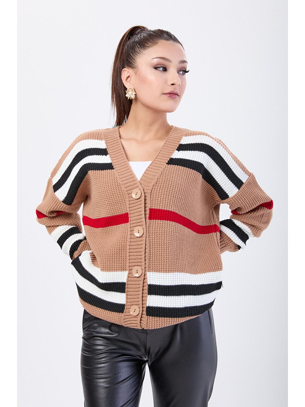 Bej Ceket Yaka Kadın Vizon Triko Hırka - 24062