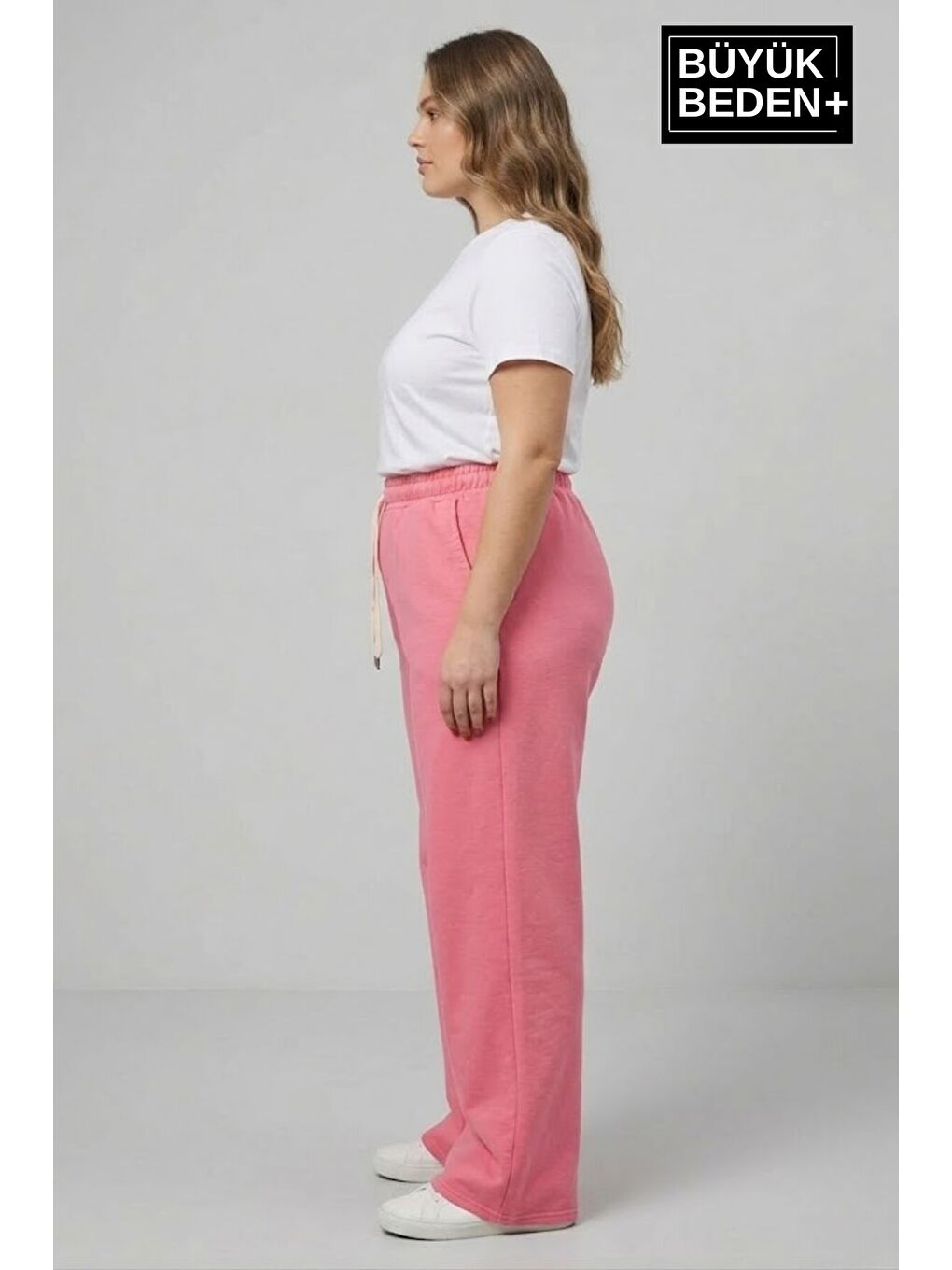 Pembe Kadın Büyük Beden Bol Paça Yüksek Bel Lastikli Salaş Eşofman Altı SPR26BEA988-1
