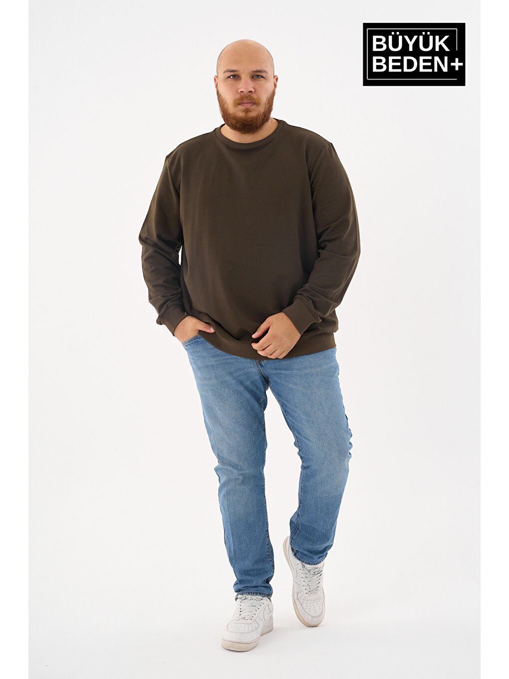 Haki Erkek Büyük Beden Bisiklet Yaka ince Sweatshirt SPR24BSW56-4