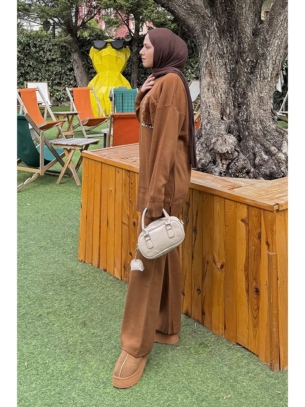Kahverengi Pelüş Cep Triko Takım Camel-1