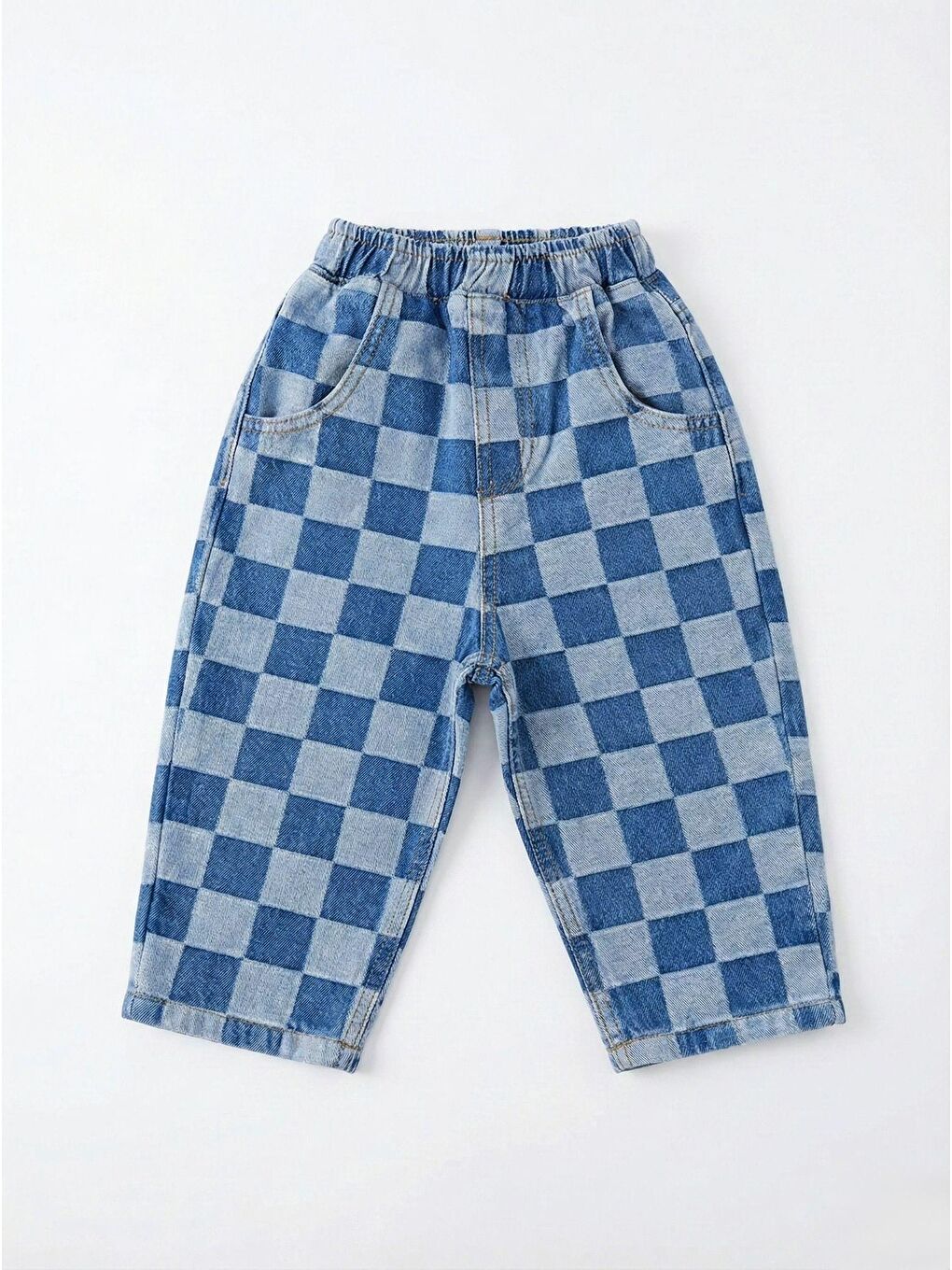 Erkek Çocuk Kare Desenli Mavi Denim Pantolon-2