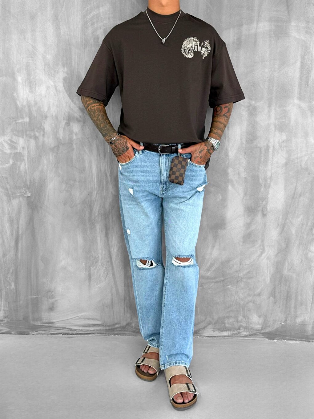 Kahverengi Erkek Yelken Desenli Nakışlı Oversize T-Shirt Kahve-1