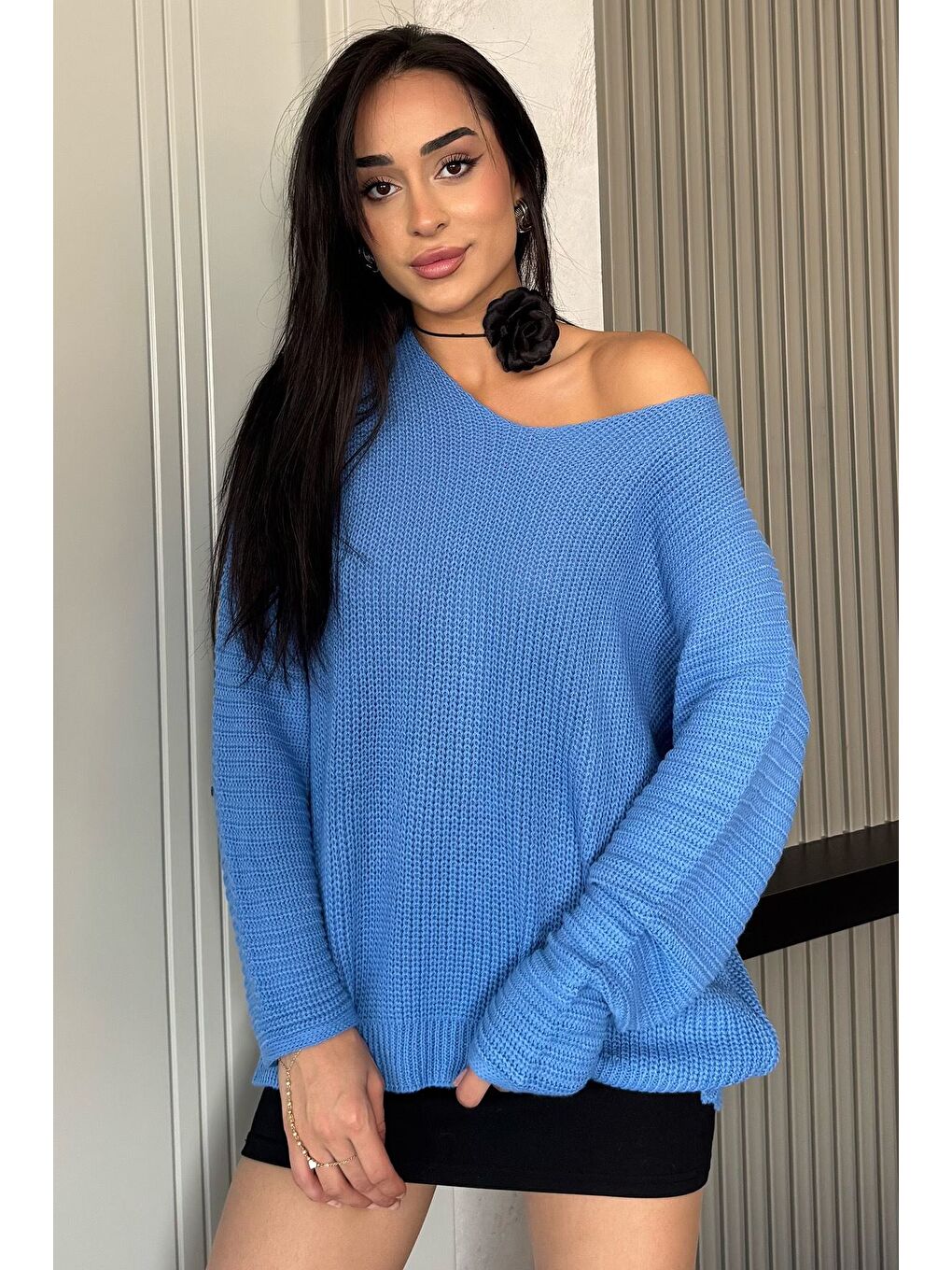 Mavi V Yaka Salaş Triko Bluz (s,m,l,xl Uyumludur)