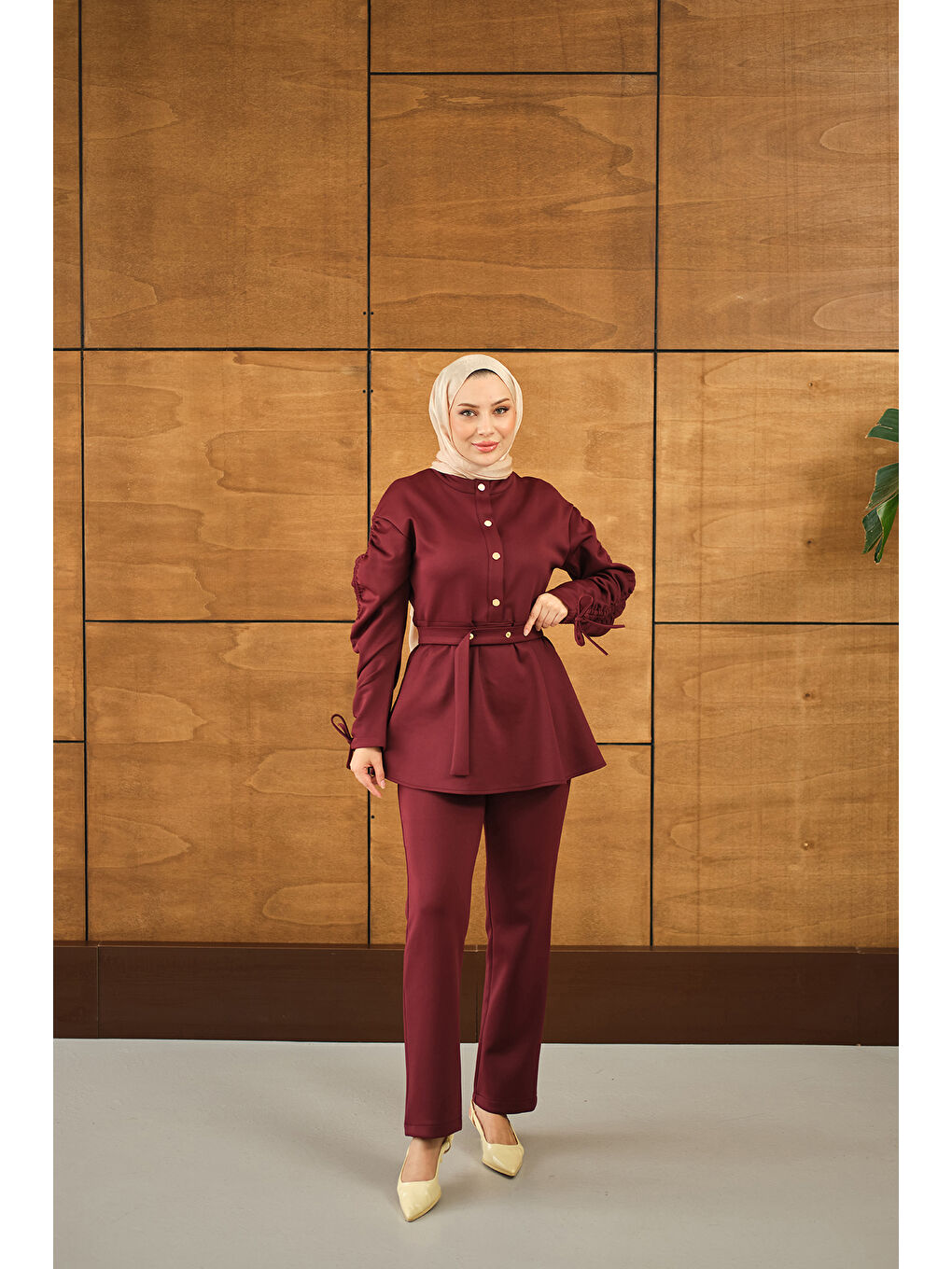 Kadın Düğme Detay İkili Takım Bordo