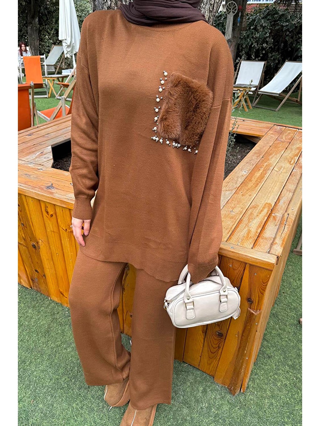 Kahverengi Pelüş Cep Triko Takım Camel-2