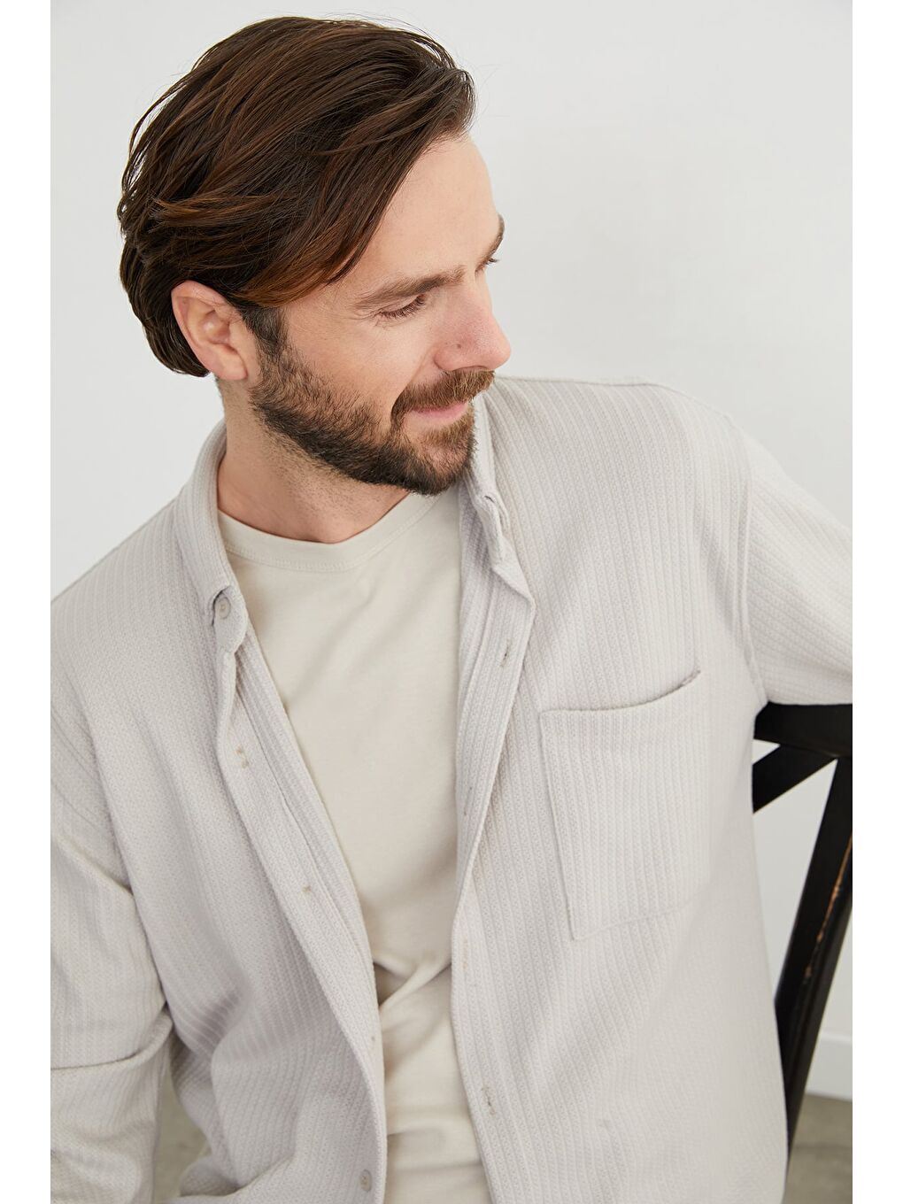 Bej Jakarlı Tek Cepli Gömlek-1