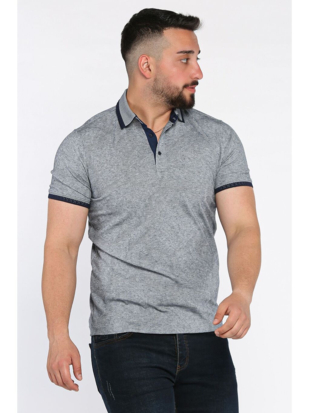 Lacivert Polo Yaka Erkek Yarım Düğmeli Tişört-1