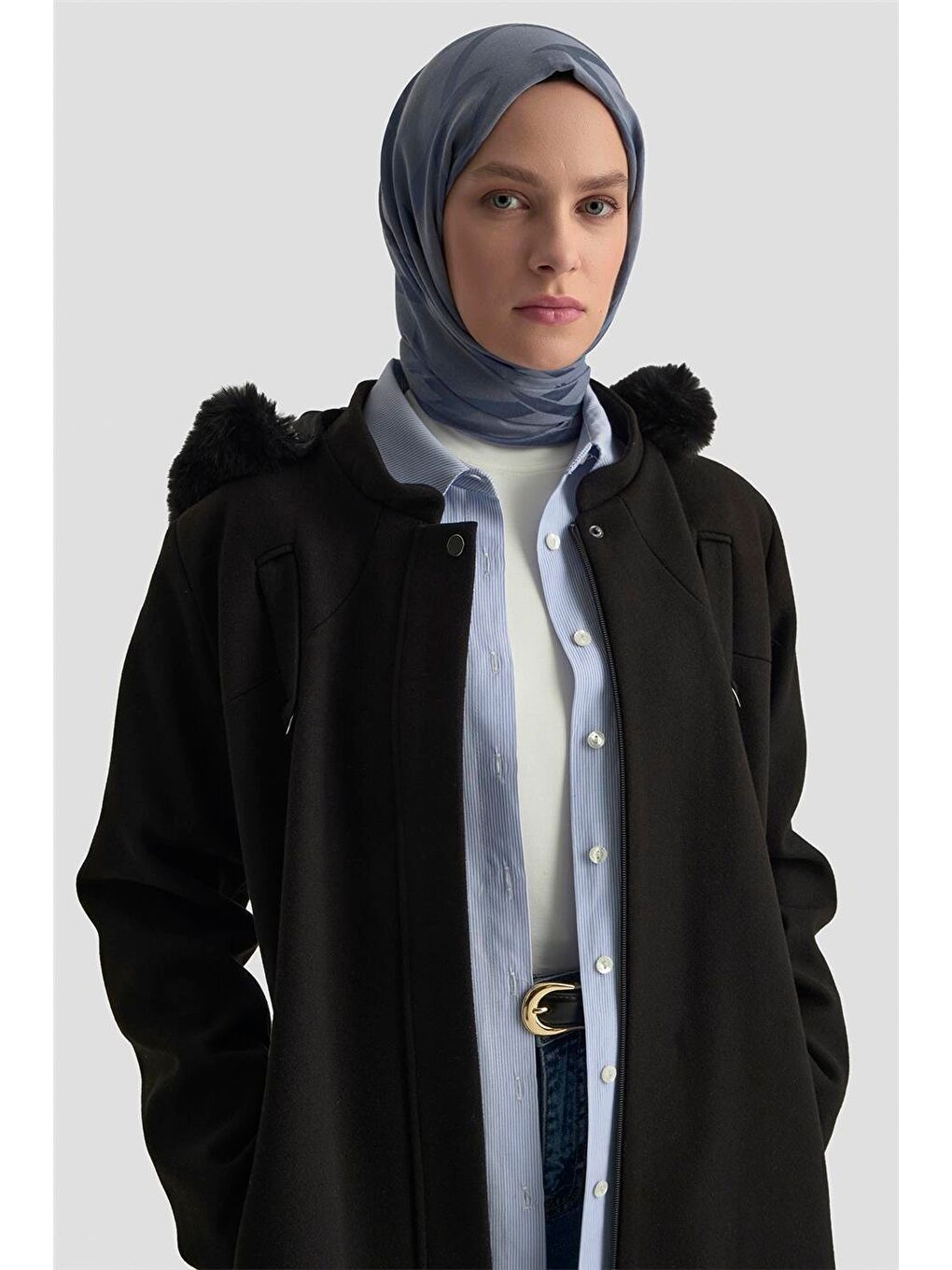 Kapüşonlu Kaşe Kaban 25Kd2504 Siyah