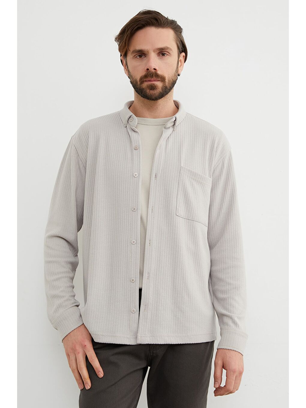 Bej Jakarlı Tek Cepli Gömlek-4