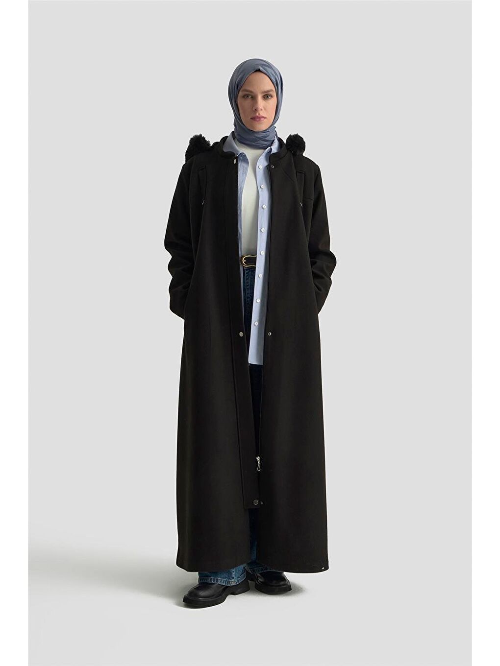 Kapüşonlu Kaşe Kaban 25Kd2504 Siyah-1