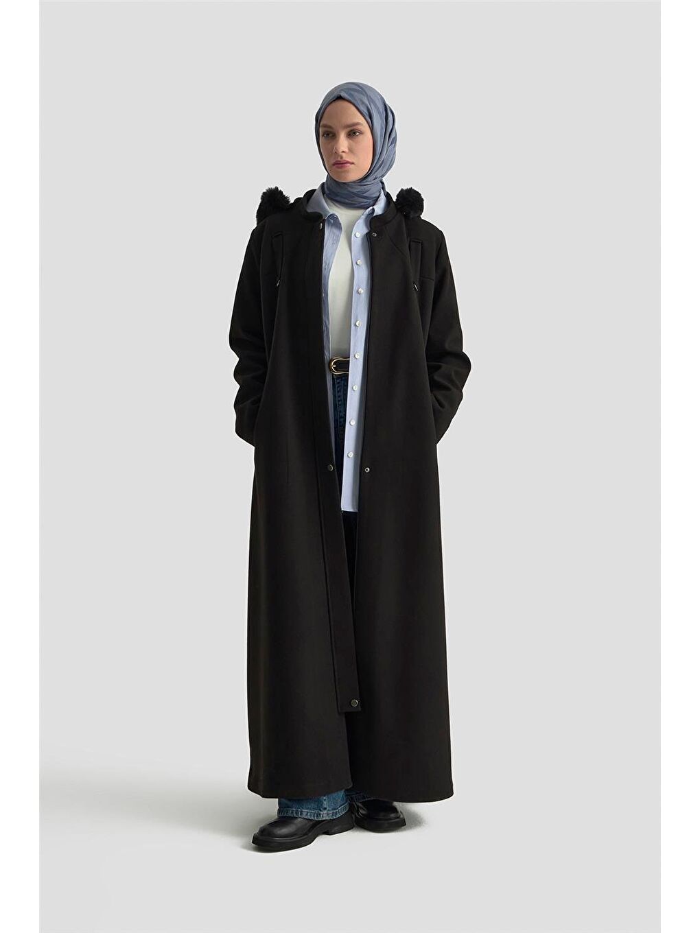 Kapüşonlu Kaşe Kaban 25Kd2504 Siyah-2