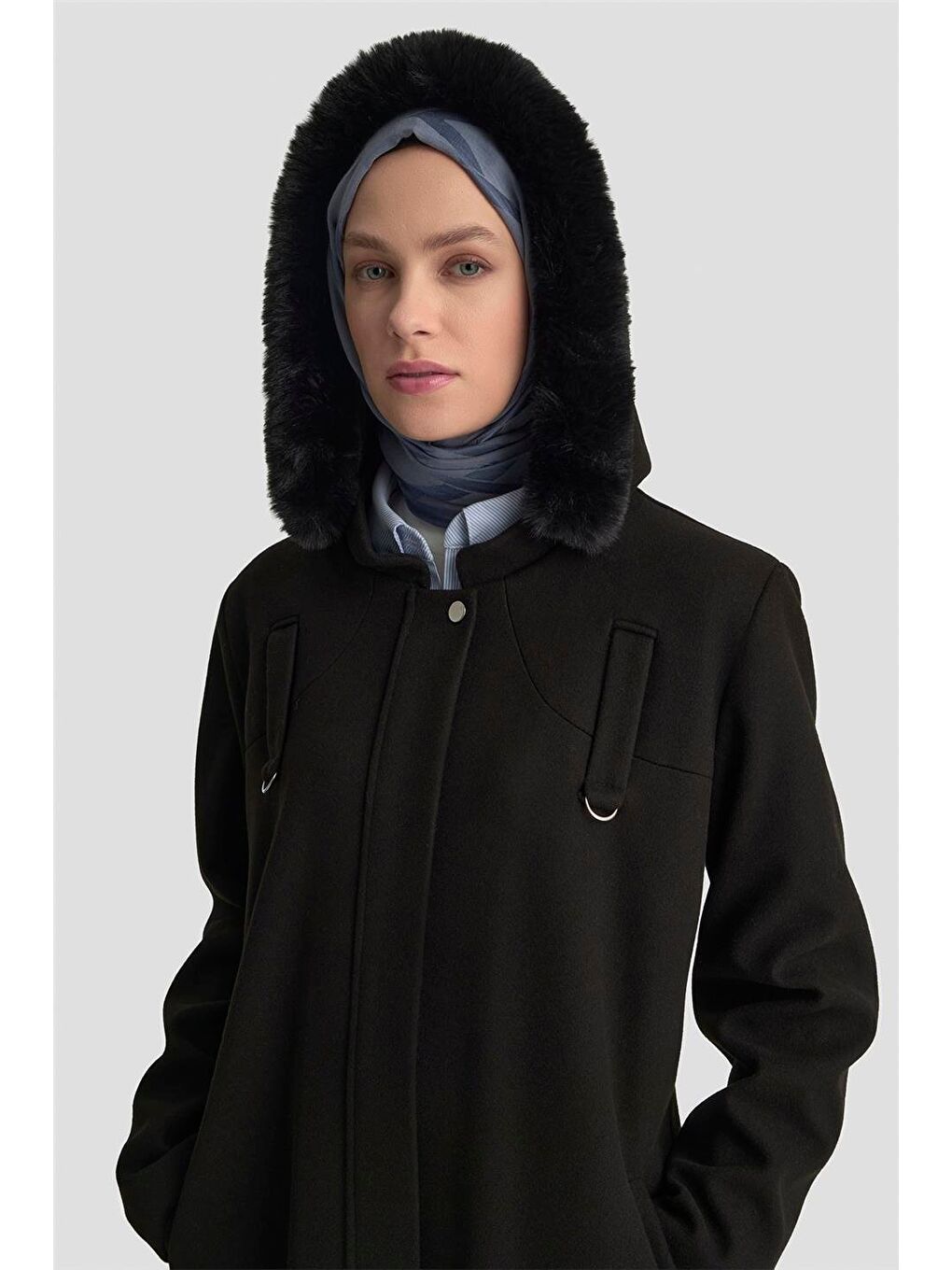 Kapüşonlu Kaşe Kaban 25Kd2504 Siyah-3