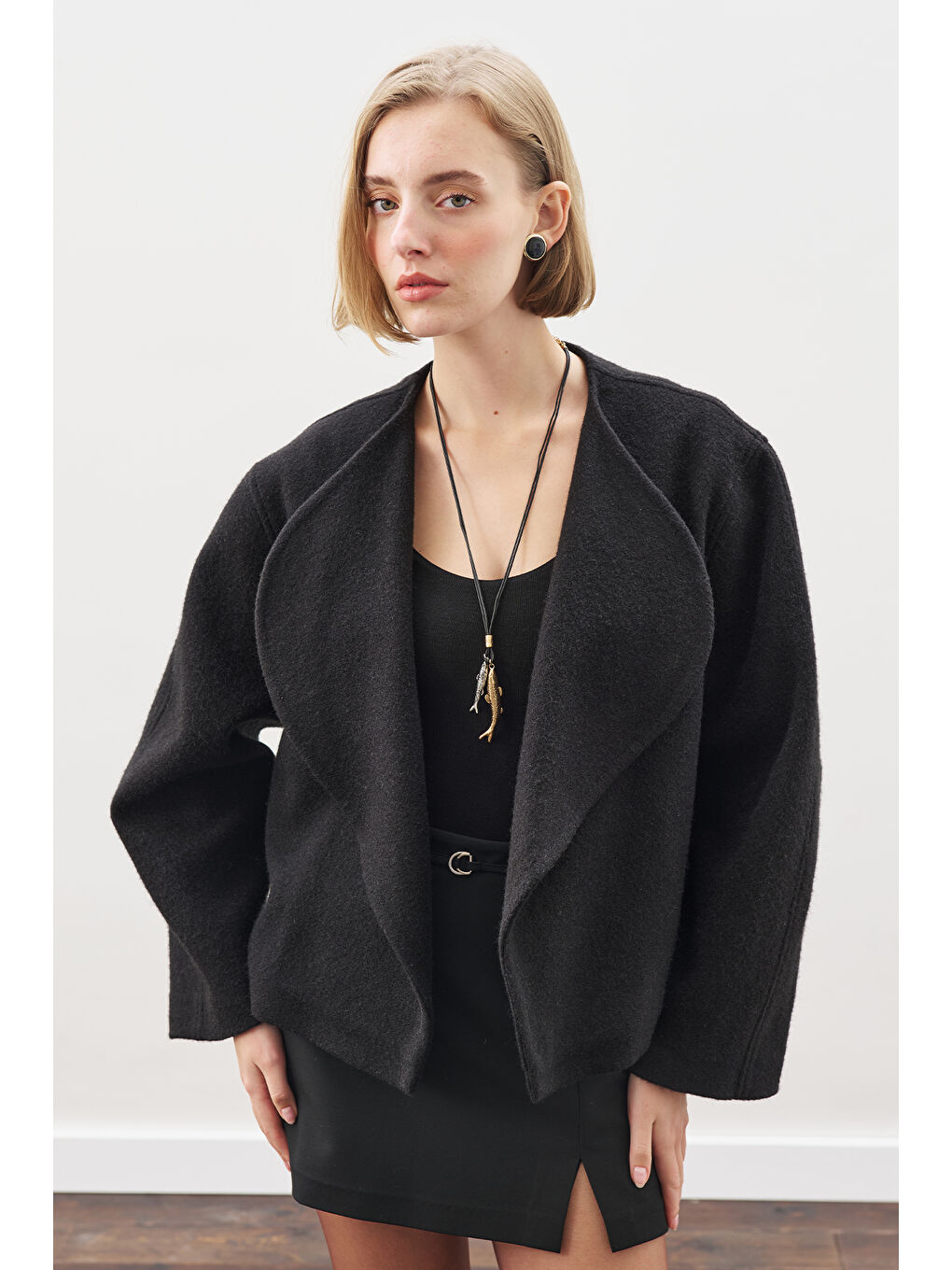 Yünlü Kısa Ceket Siyah-2