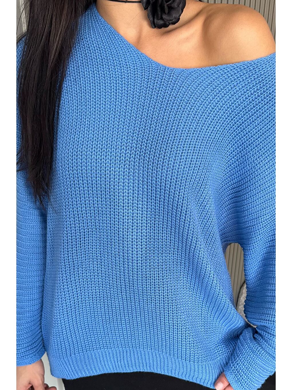 Mavi V Yaka Salaş Triko Bluz (s,m,l,xl Uyumludur)-1