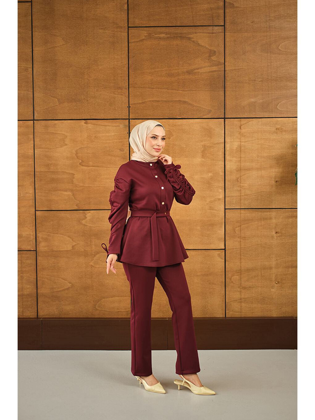 Kadın Düğme Detay İkili Takım Bordo-1