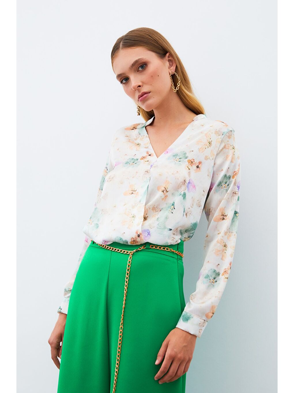 Desenli Kruvaze Bluz - Çağla Yeşili-1