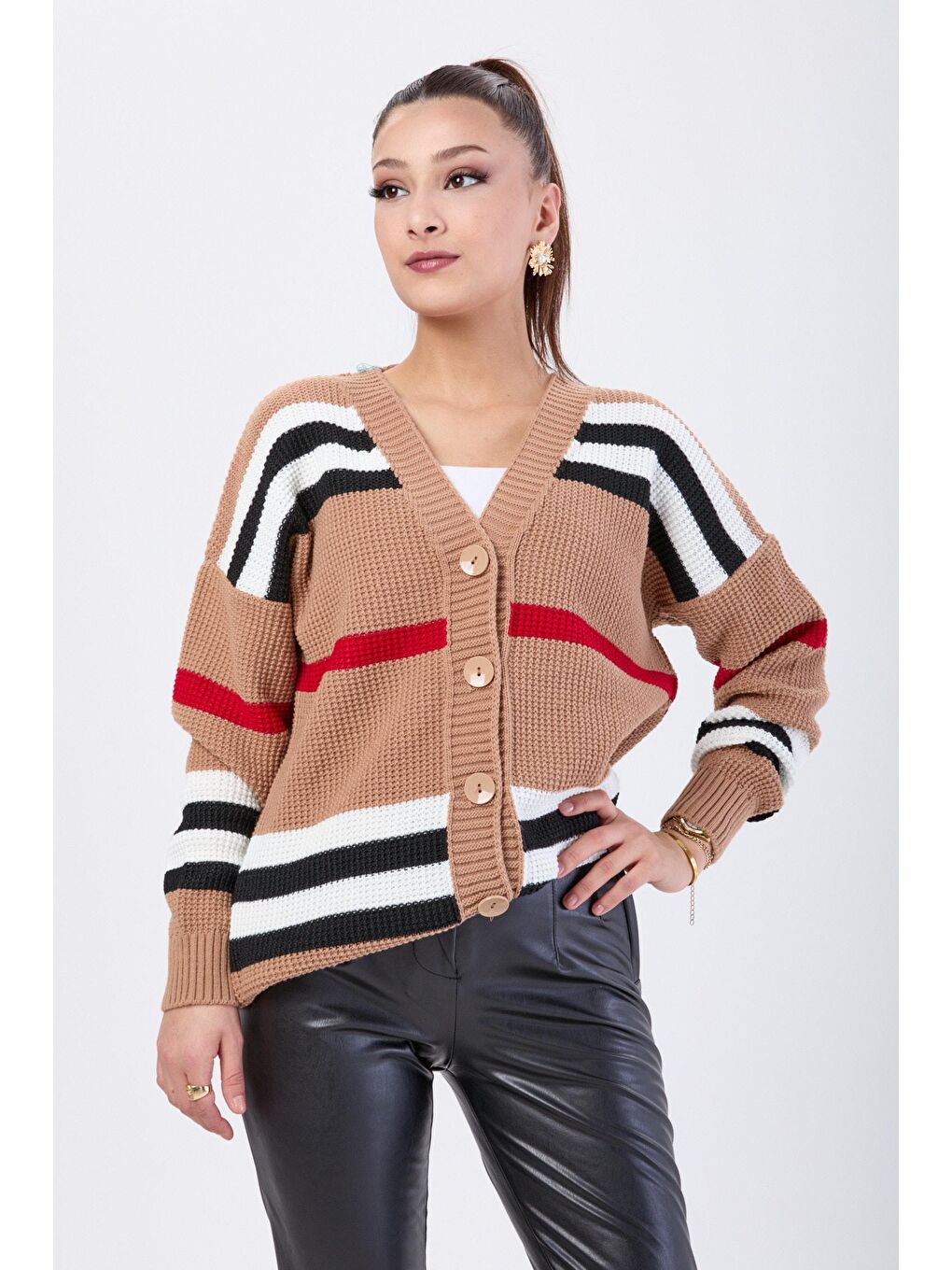 Bej Ceket Yaka Kadın Vizon Triko Hırka - 24062-3