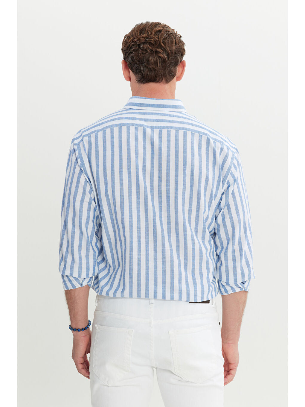 Erkek Mavi-Beyaz %100 Pamuk Comfort Fit Rahat Kesim Düğmeli Yaka Çizgili Gömlek-4