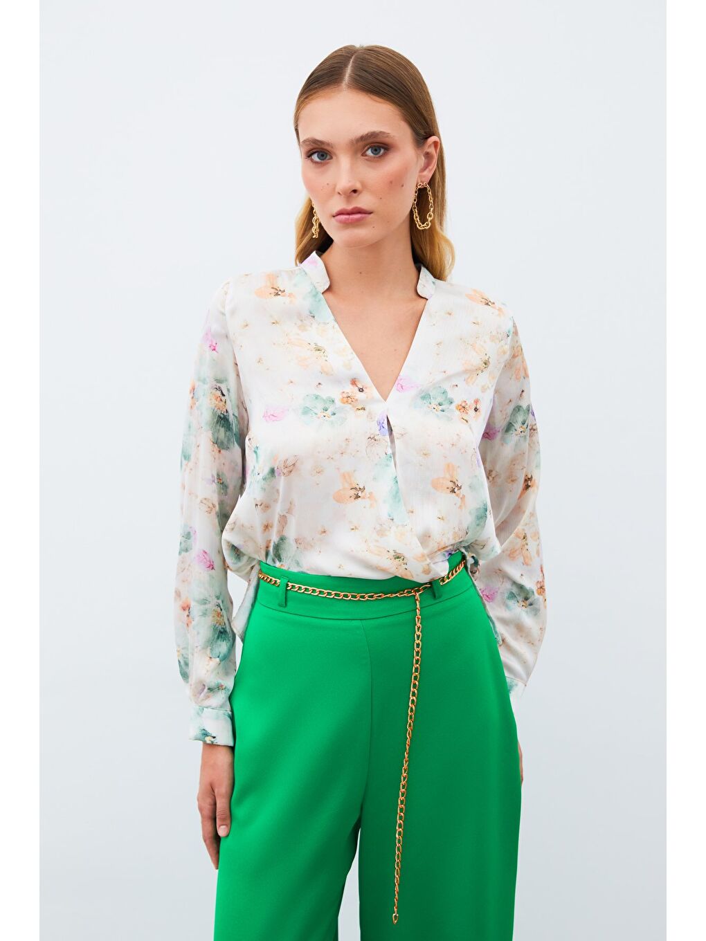 Desenli Kruvaze Bluz - Çağla Yeşili-2