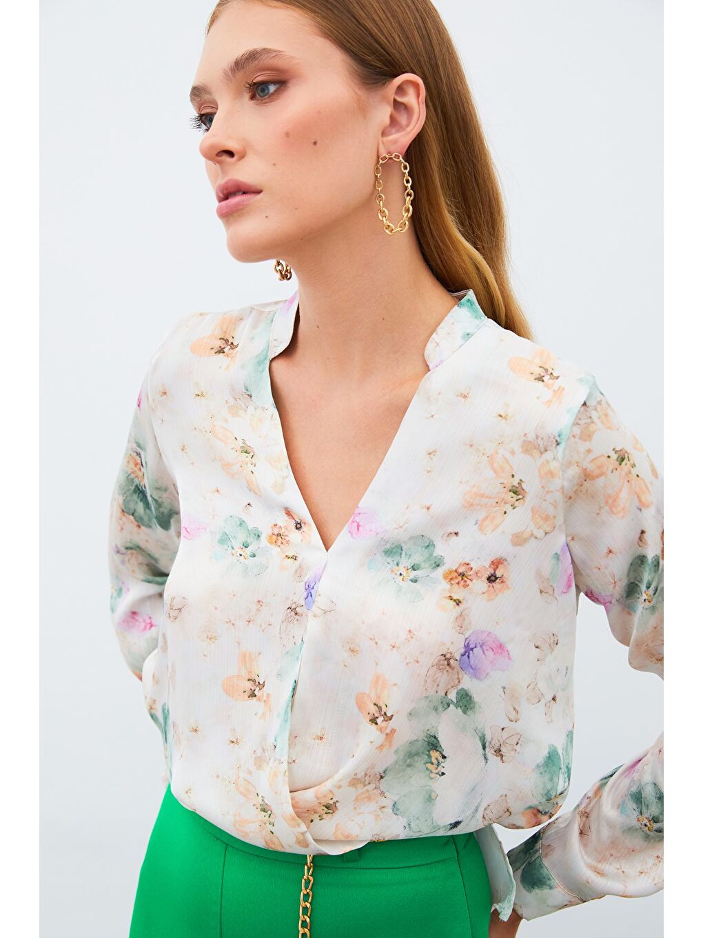 Desenli Kruvaze Bluz - Çağla Yeşili-3